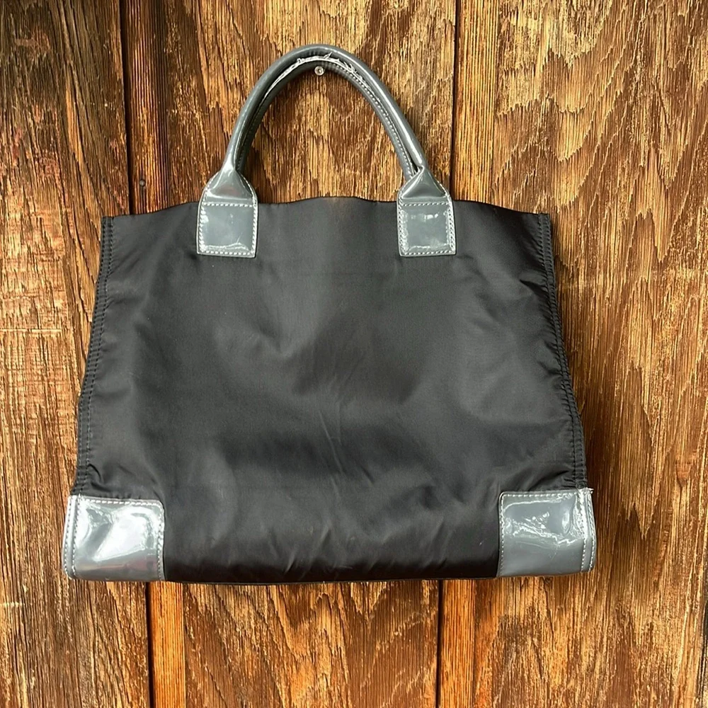 Tory Burch Ella Tote - Large Black Nylon Shoulder Bag with Patent Logo